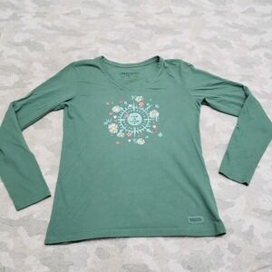 Life Is Good Top Womens Small Green Pullover V-Neck Long Sleeve